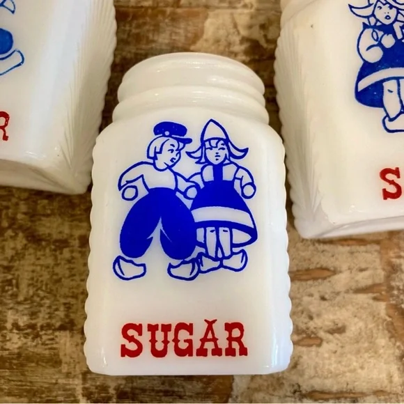 1940s Vintage Milk Glass Salt, Pepper, & Sugar Shakers Dutch Boy Girl Spice Jars - Picture 8 of 13